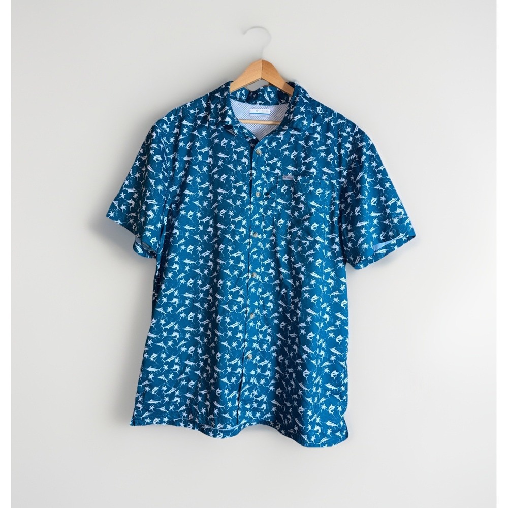 Columbia PFG Mens Short Sleeve Dark Teal Sailfish Vented Fishing Shirt Small EUC
